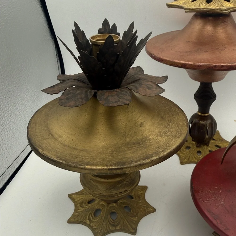 Set of 3 brass mixed metal bohemian chic candle stick holders 11”, 8.5” and 7”